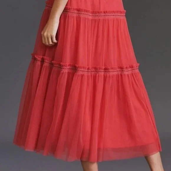 Anthropologie Smocked Ruffle Tiered Tulle Midi Red Pink Dress - Picture 3 of 11